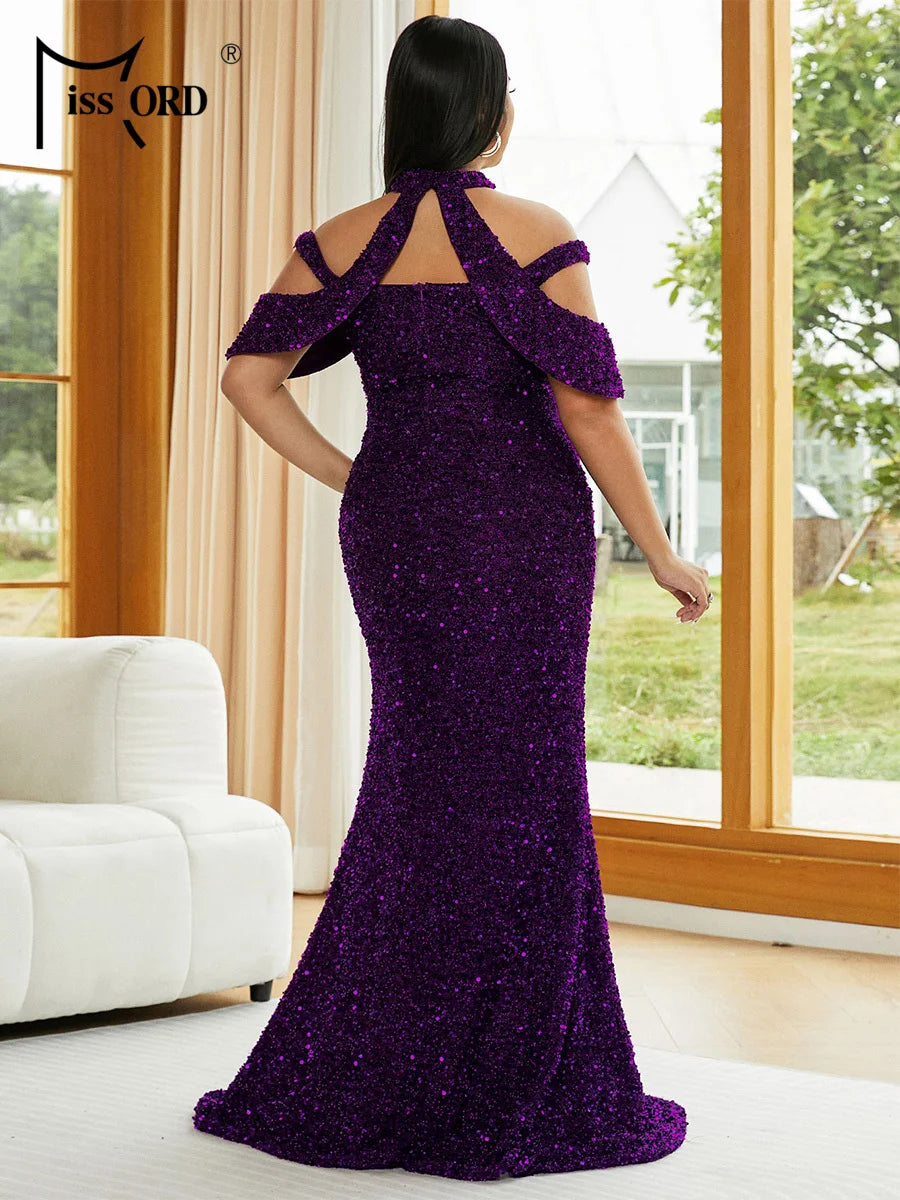 Momsey Plus Size Halter Sequin Split Floor Length Dress Elegant Party Dresses For Women