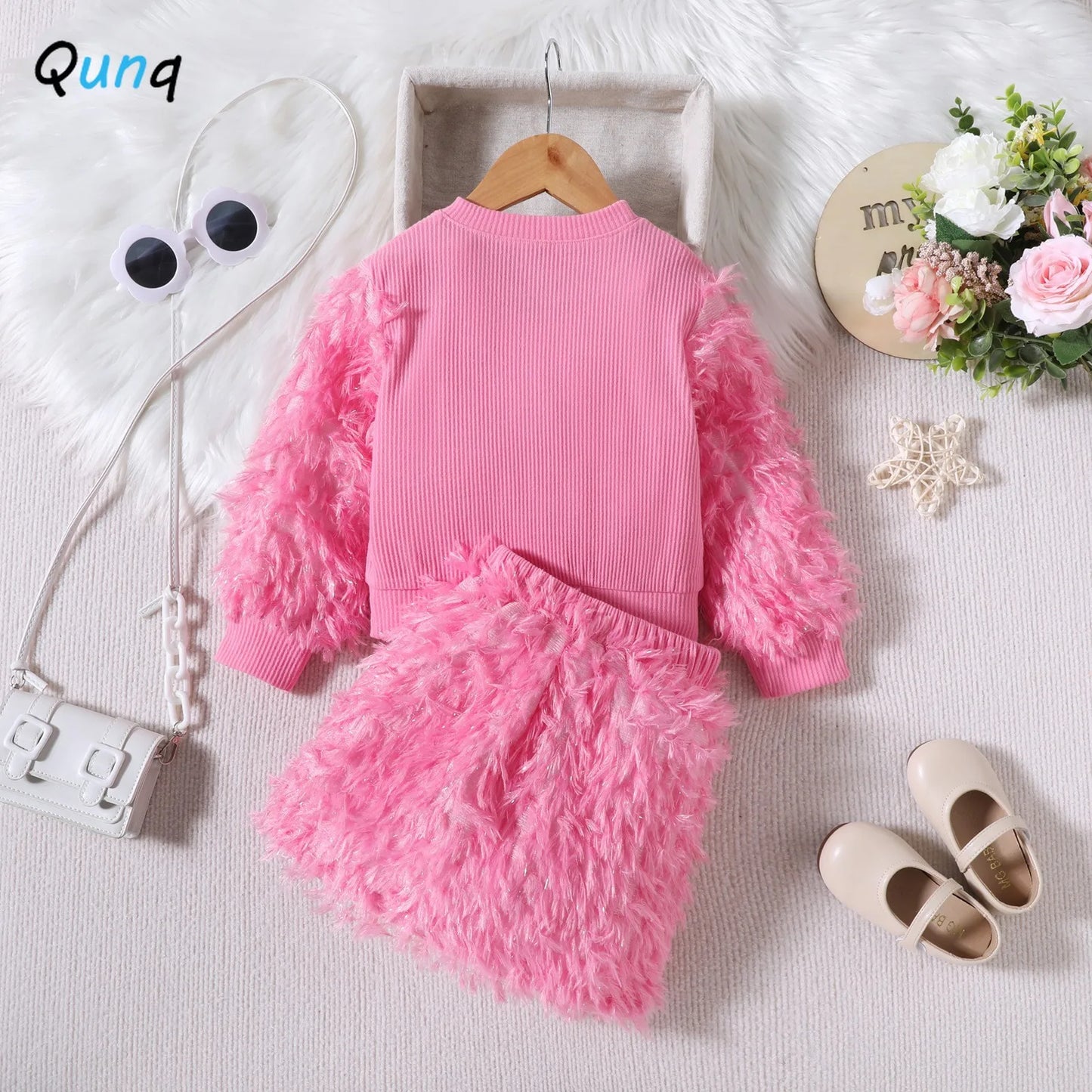 Maxy Autumn New Girls Plush Long-sleeved Spliced O Neck Pullover Top + Plush Skirt 2 Piece Set Casual Kids Cothes Age 3T-8T