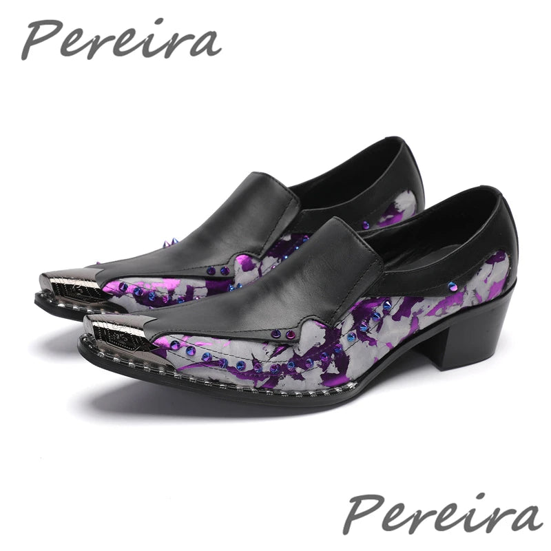 Maxy Colorful Rhinestone Yellow Purple Mixed Colors Leather Shoes for Men Metal Pointed Toe 4.5Cm Heel Loafers Business Dress Shoes