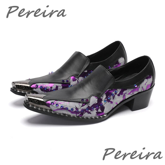 Maxy Colorful Rhinestone Yellow Purple Mixed Colors Leather Shoes for Men Metal Pointed Toe 4.5Cm Heel Loafers Business Dress Shoes