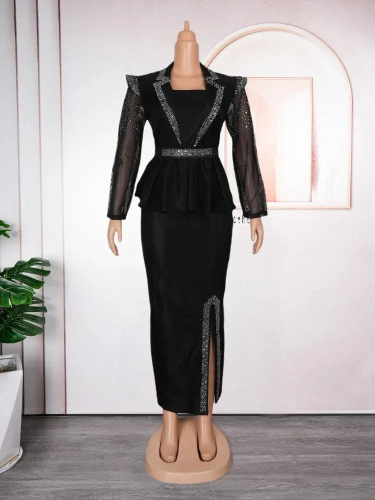 Maxy Luxury African Dress for Women Elegant Square Neck Diamond Full Sleeve Belt Waisted Side Split Floor Length Birthday Dress