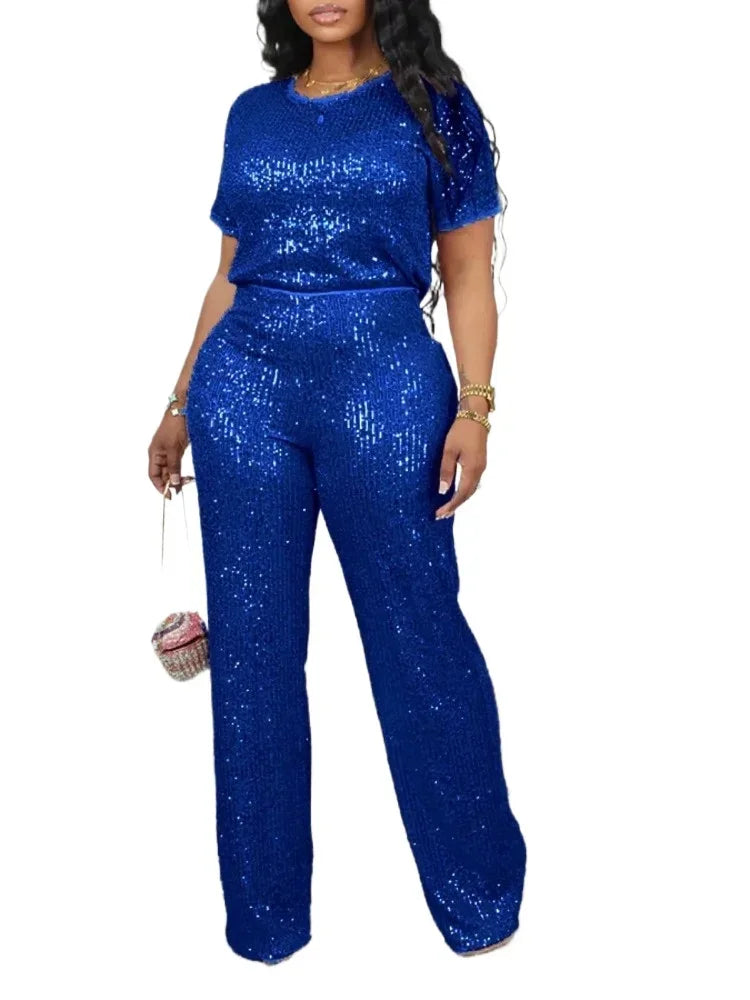 Maxy Autumn Casual Sequin Two Piece Set for Women Fashion Solid Short Sleeved Tshirt Wide Leg Pants Sequin Two Piece Set Women