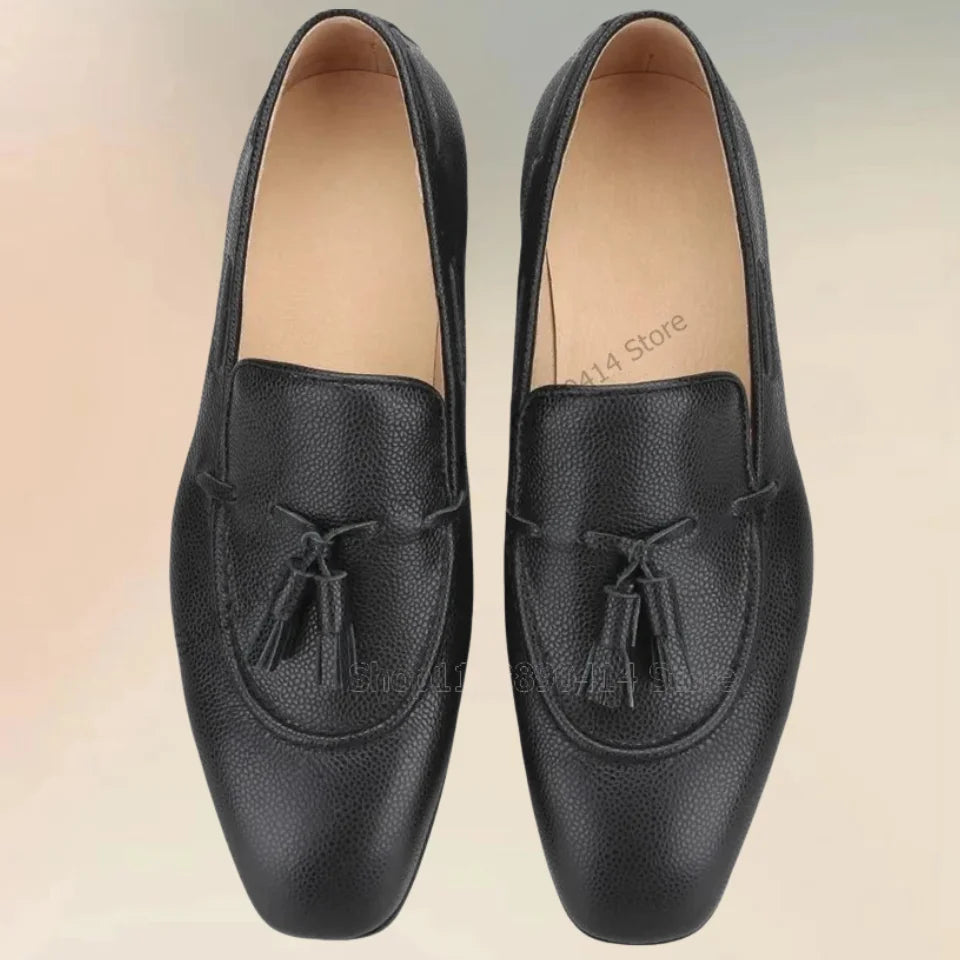 Amay Black Lychee Print Tassels Decor Square Toe Loafers Fashion Slip On Men Shoes Luxury Handmade Party Feast Office Men Dress Shoes