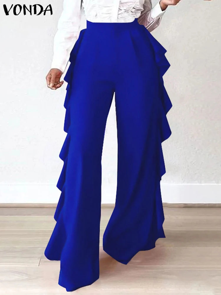 Maxy Plus Size Women Long Wide Leg Pants Solid Color Casual Loose Ruffled Elastic Waist Trousers Fashion Bottoms Oversized