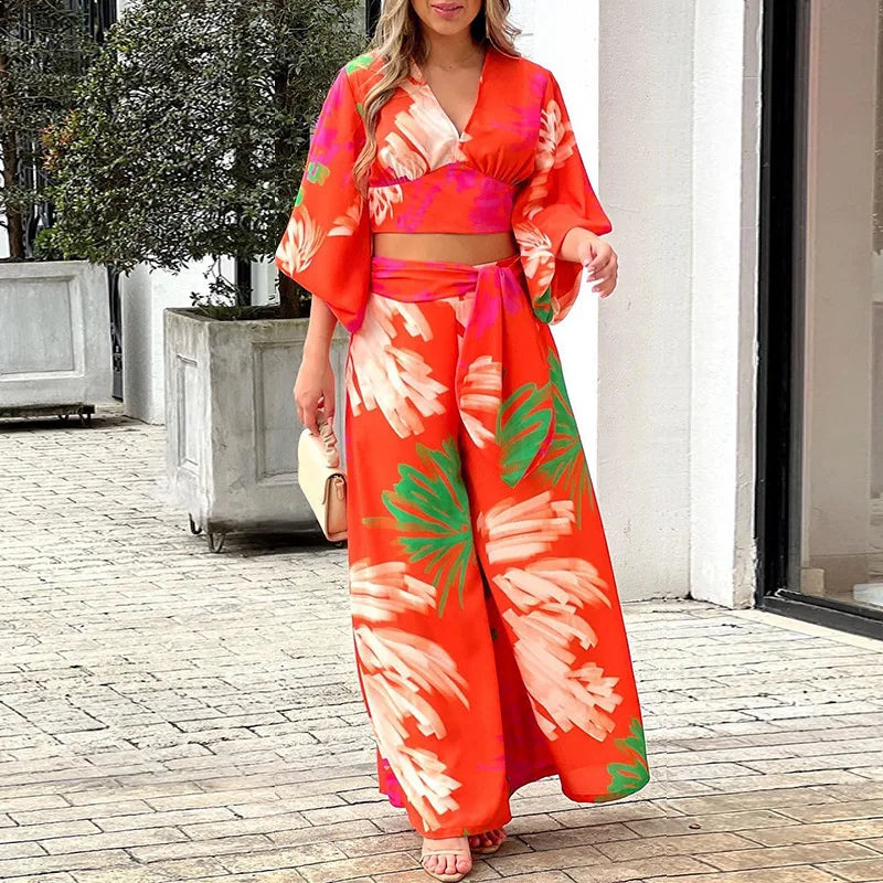 Maxy Vacation Beach Fashion Set Women's Fashion Spring V-neck Lantern Sleeve Top T-shirt Loose Sexy Lace Up Loose Pants Two Piece Set
