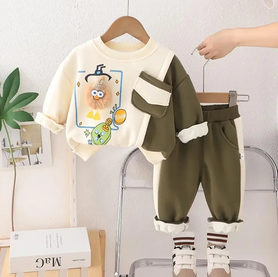 Toddler Infant Boys Outfits Autumn Winter Cartoon Patchwork Casual Fleece Sweatshirt And Pants Christmas Sets for Kids Clothes