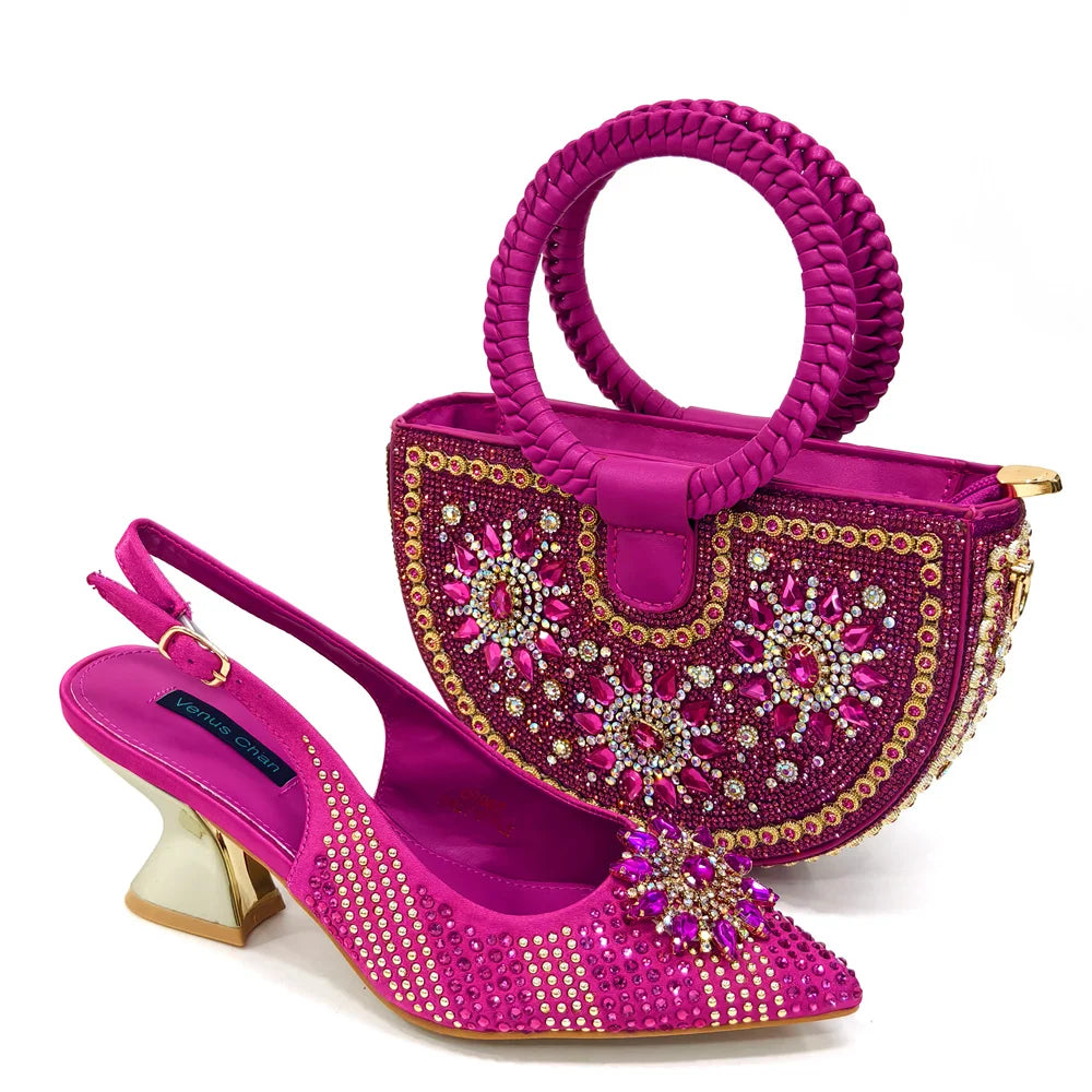 Visco Italian Design Fashion Luxury Women's Shoes and Purse Full Diamond Decoration Big Capacity Hand Bag