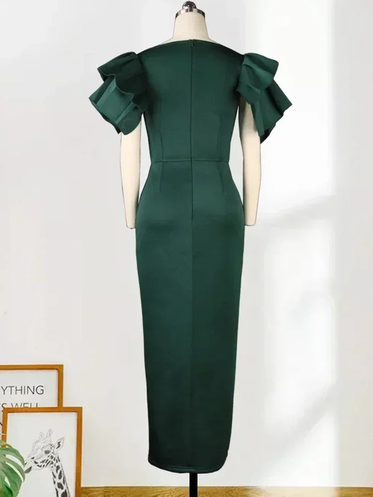 Women Plus Size Long Evening Party Dress Dark Green For Women Ruffle Sleeve Slit Bodycon Sheath Evening Celebrate Occasion Gowns