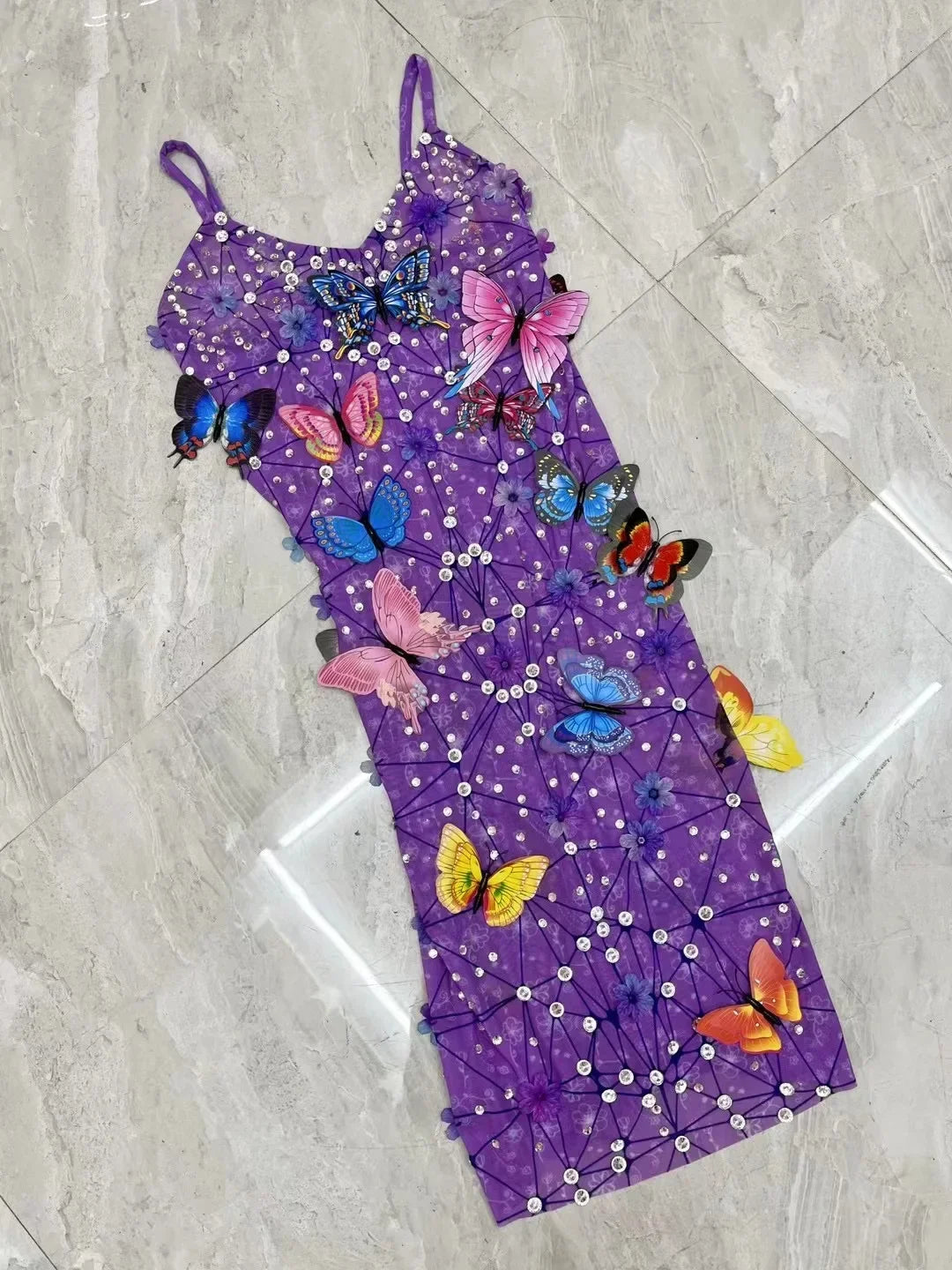 Glitter Babs Summer Dress New Arrival Butterfly Purple Designer Prom Gowns Celebrity Birthday Evening Party Stage Wear