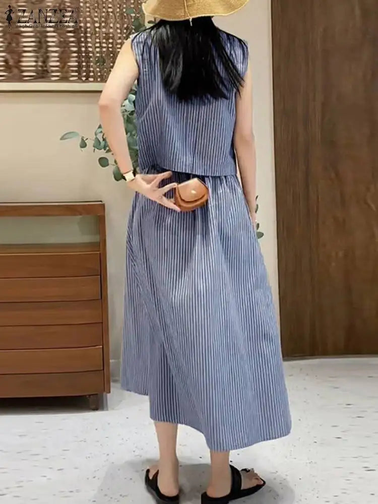 Maxy 2PCS Women Elegant Matching Sets ZANZEA Summer Sleeveless Blouse Dress Sets 2pcs Holiday Outfits Fashion Work Tracksuits