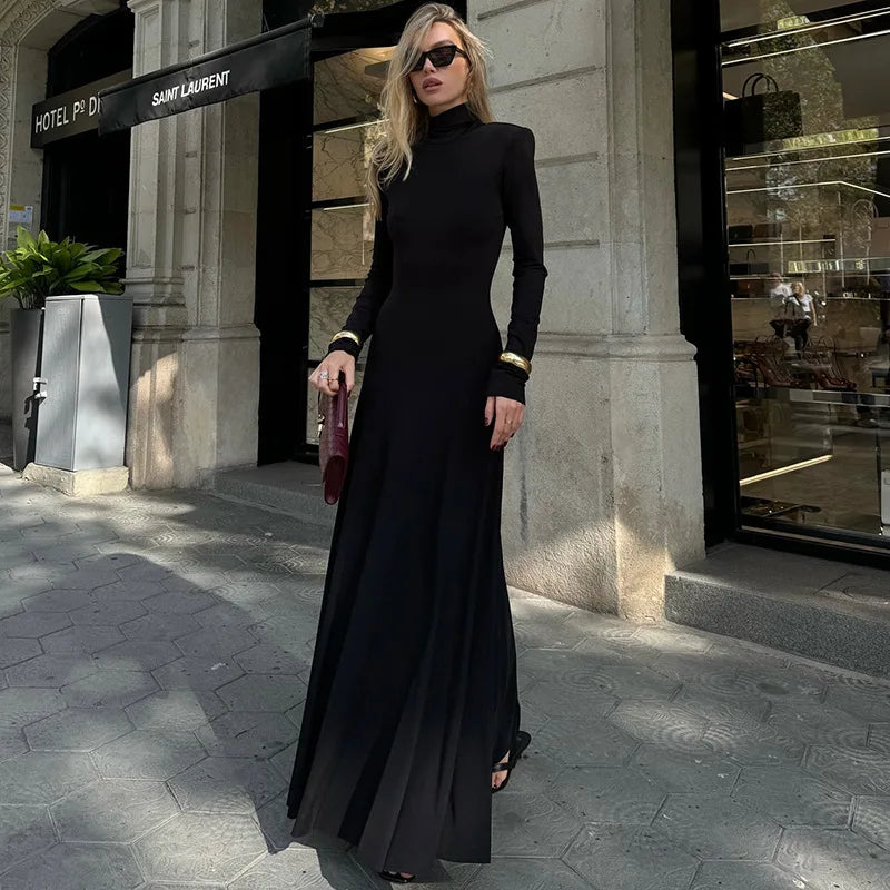 Maxy Autumn Elegant High Collar Evening Dresses Women Black Long Sleeves Backless Dress Fashion Bodycon Banquet Dress