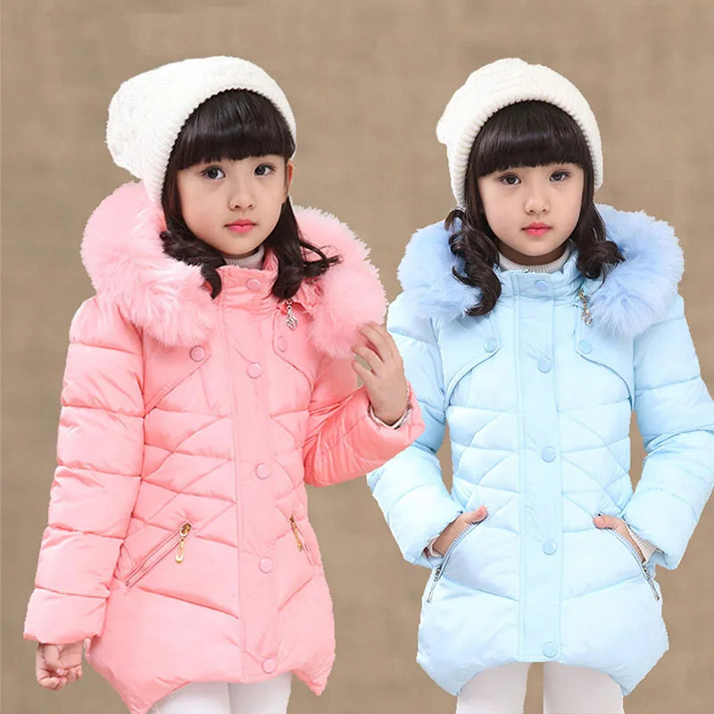 Maxy Kids Cothing Warm Padding Jacket For Girl Long Winter Thicken Parka With Fur Hood Children Outerwear Coats 4 6 8 10Year old