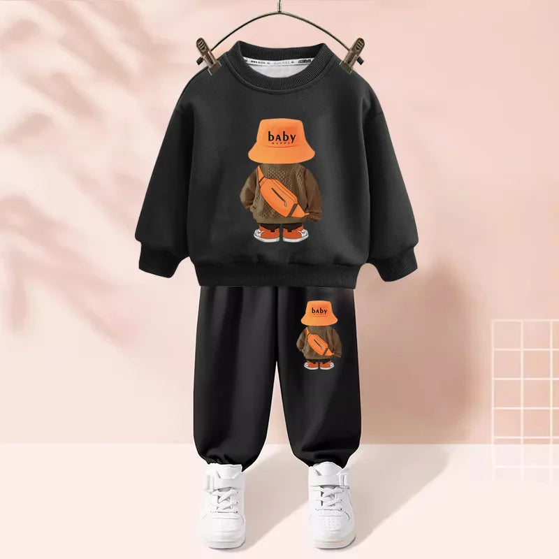 Maxy Autumn Baby Girl Boy Clothes Set Children Sports Cartoon Bear Sweatshirt Top and Pants Two Piece Suit 3-12 Years Kids Tracksuit