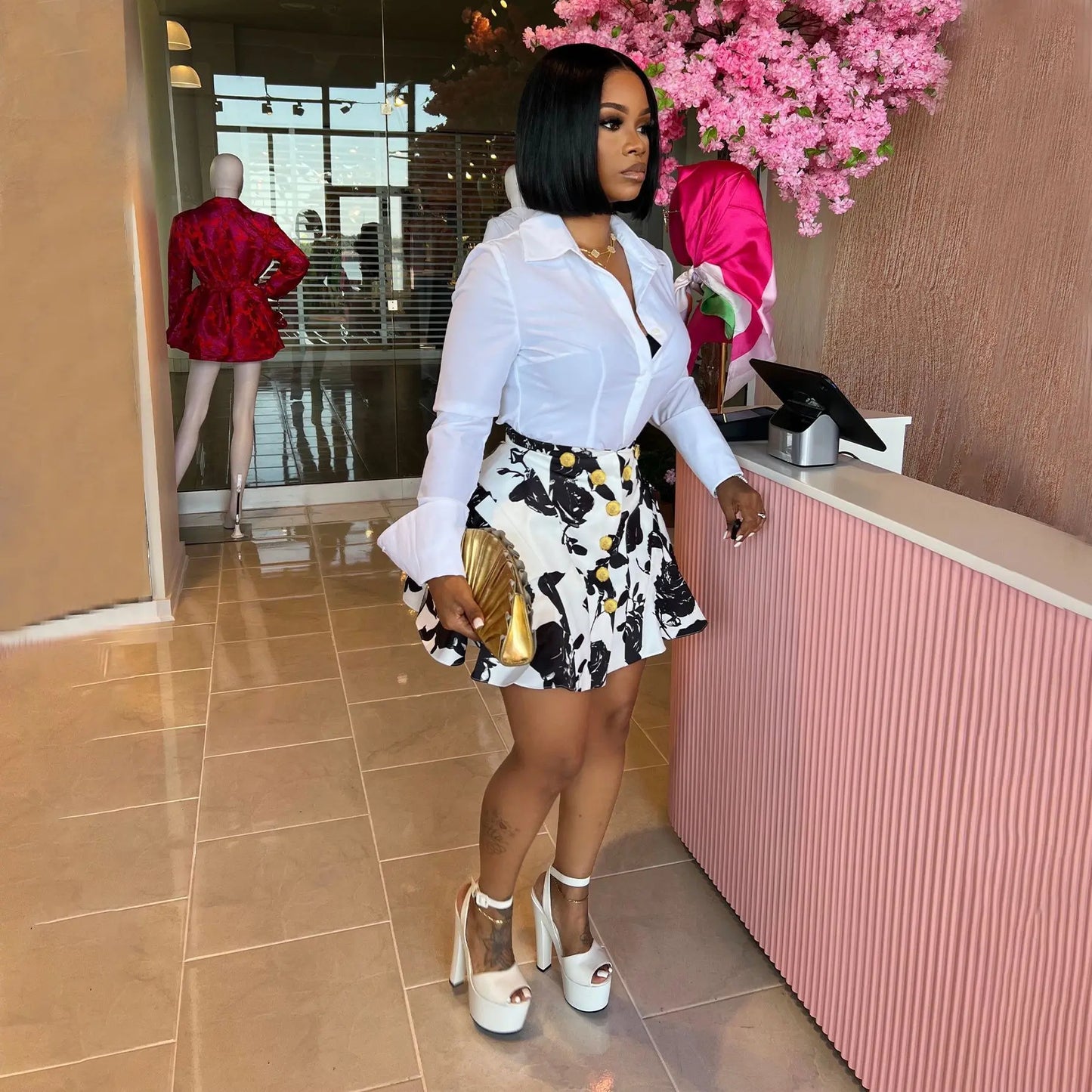 Maxy Two Piece Sets Women Skirt Set Matching Sets Y2k Streetwear Shirt Tops Short Skirts Print Floral A Line High Waist Dress Sets