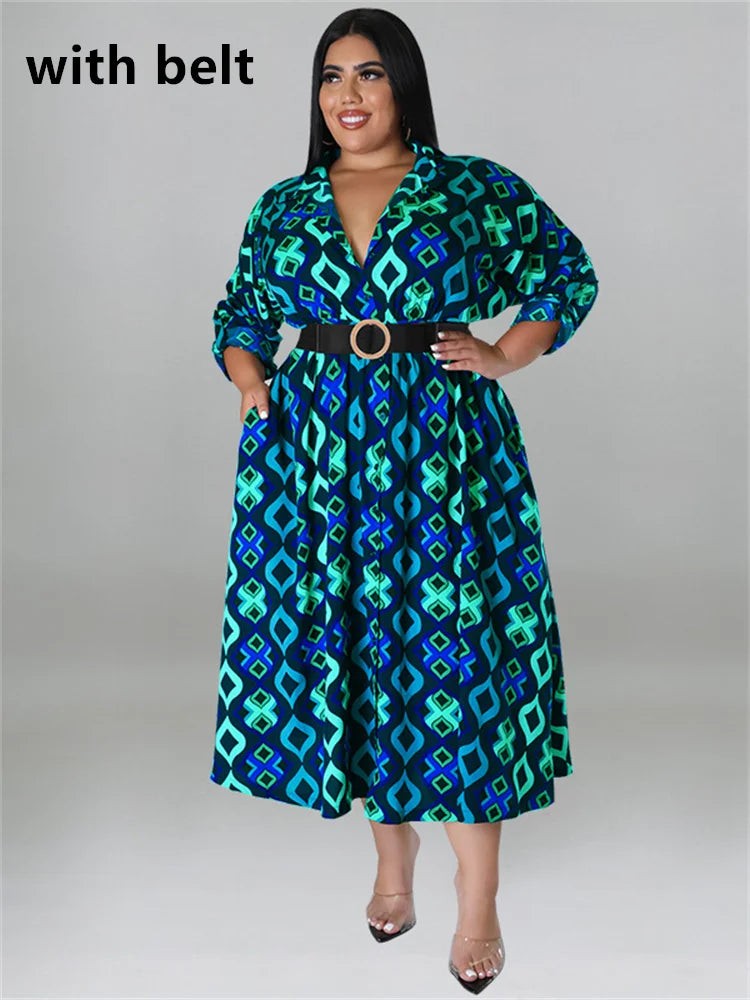 Maxy Plus Size Dresses for Women with Belt V Neck Print Casual Maxy Dress Elegant Fashion Streetwear