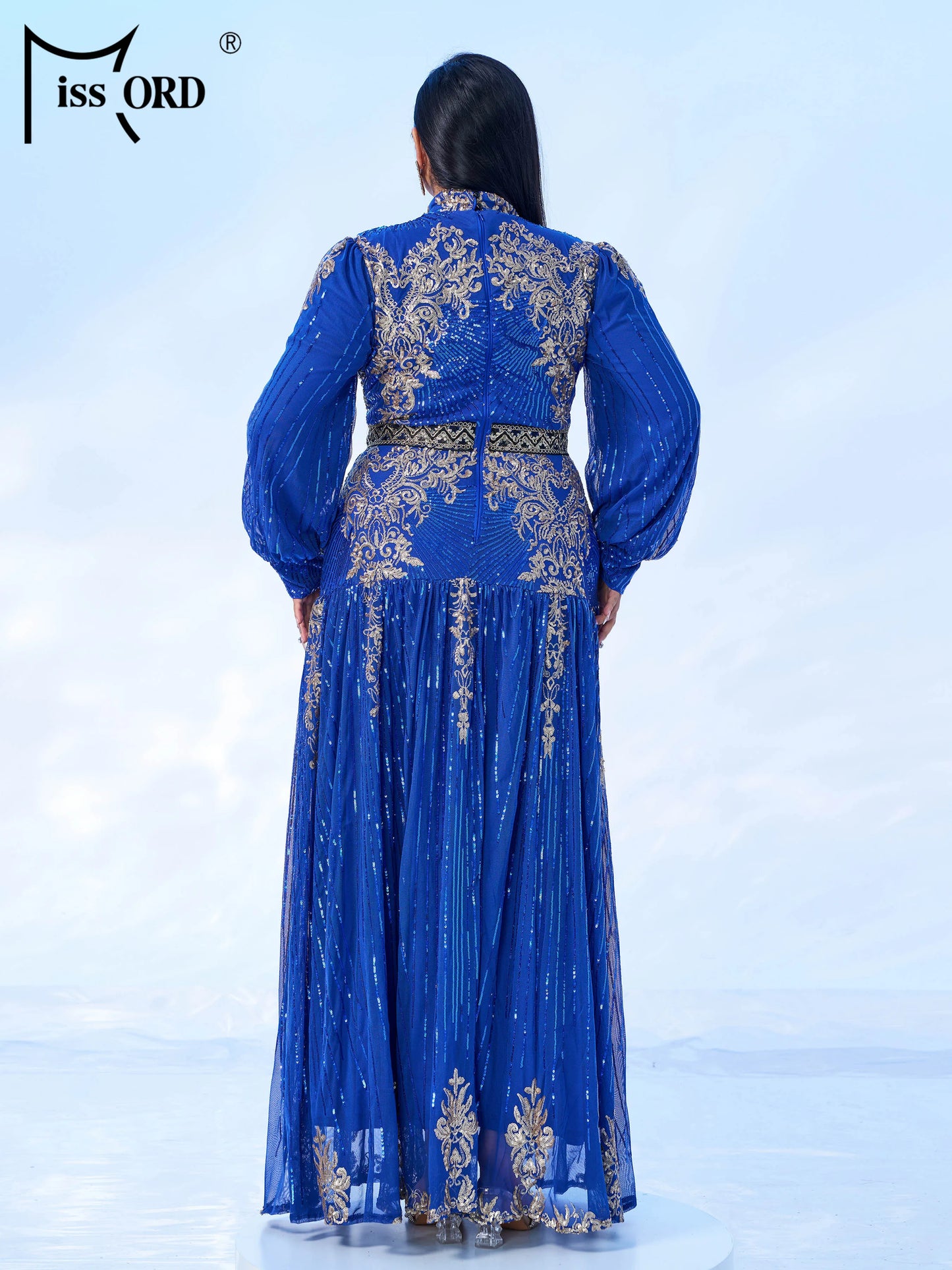Momsey New Blue Plus Size Muslim Round Neck Long Sleeved A Line Gown Evening Women Wedding Birthday Party Large Maxy Dress