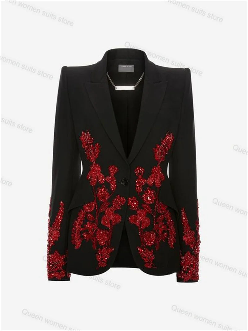 Maxy Crystal Black Wedding Women Pants Suit Set 2 Piece Blazer+Trousers Luxury Jacket Coat Formal Office Lady Customized Prom Dress