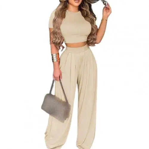 Maxy Summer Elegant Women Solid Casual Fitness Tracksuit Set Outfits Short Sleeve Crop Tops Trouser Flare Pants 2 Two Piece Set