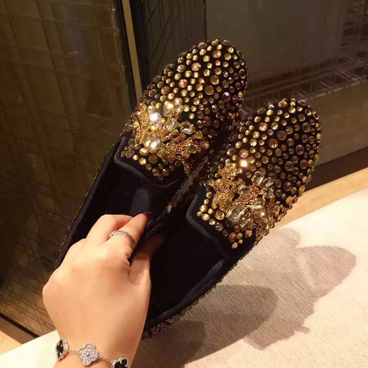 Visco Spring Gold Black Handmade Rhinestone Men Shoes Crystal Loafers Male Luxury Party Wedding Shoes Slip on Men's Flat shoes