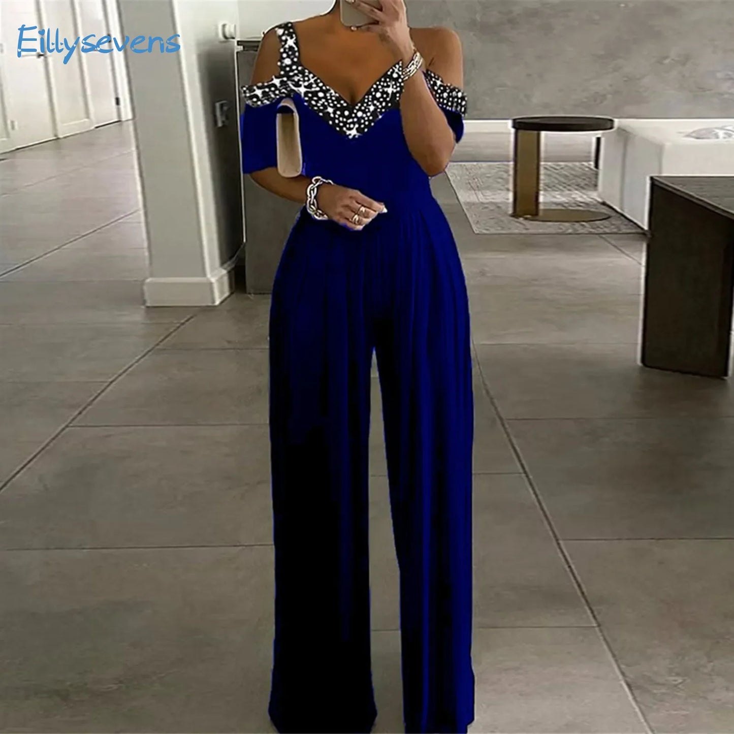 Amay Women's Dress Jumpsuit Daily Casual Wide Leg Waist Jumpsuit Strapless Off-The-Shoulder Patchwork V-Neck Banquet Jumpsuits
