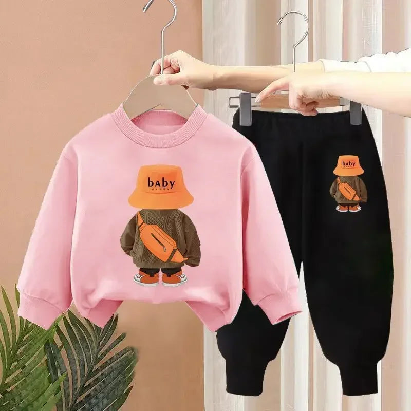 Maxy Autumn Baby Girl Boy Clothes Set Children Sports Cartoon Bear Sweatshirt Top and Pants Two Piece Suit 3-12 Years Kids Tracksuit