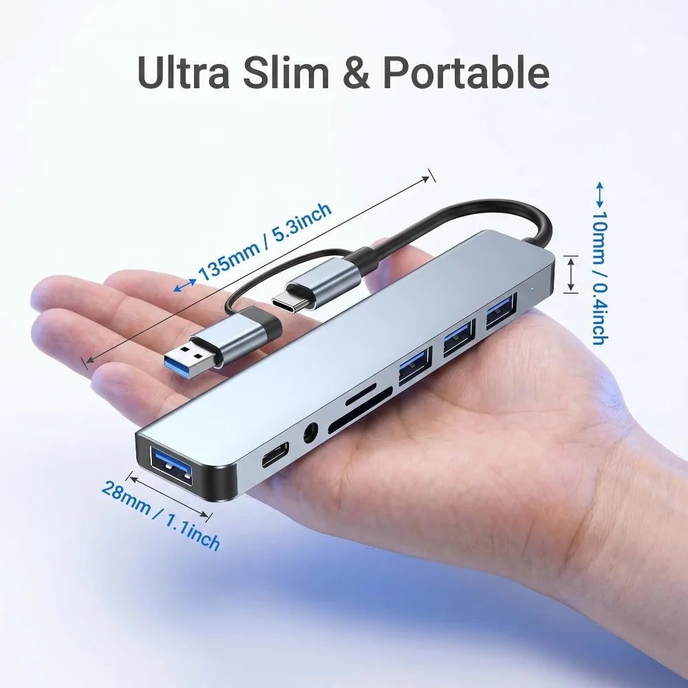 8 in 2 Type C USB HUB Docking Station with 3.5mm Audio Jack for Micro SD Card Reader MacBook Laptop Tablet Phone Disk Converter