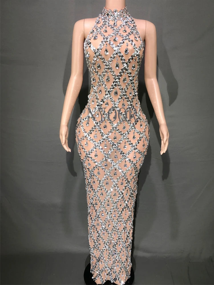 Maxy Sparkly Rhinestones Sleeveless Long Dress Elegant Dark Mesh Celebrate Evening Wedding Prom Gown Birthday Dress Photograph Wear