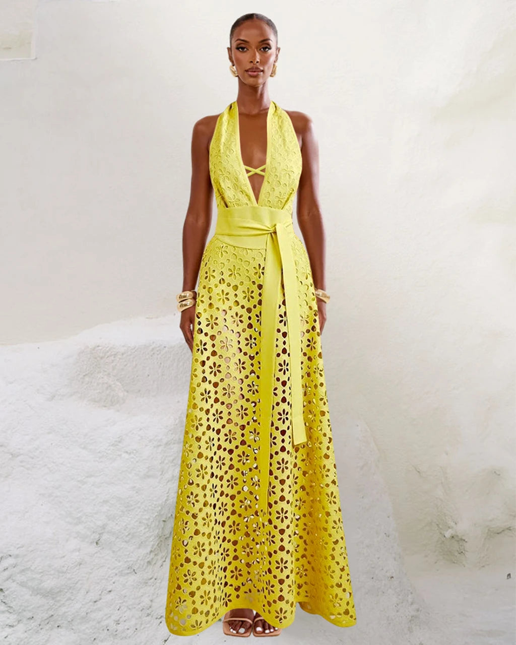 Maxy Yellow Bikini Women Solid Cover Up Two-Piece Swimsuit Deep V Neck Bathing Suit Hollow Out Monokini Long Skirt Swimwear