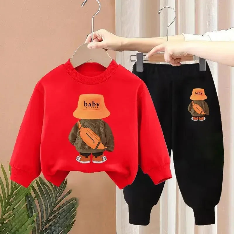 Maxy Autumn Baby Girl Boy Clothes Set Children Sports Cartoon Bear Sweatshirt Top and Pants Two Piece Suit 3-12 Years Kids Tracksuit