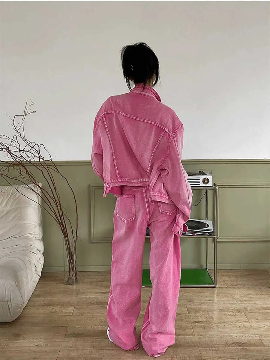 Maxy Denim Jacket Baggy Jeans Women 2-piece Set Y2k Pink Oversized Long Sleeves Statue Outer Wide Leg Casual Pants Suit