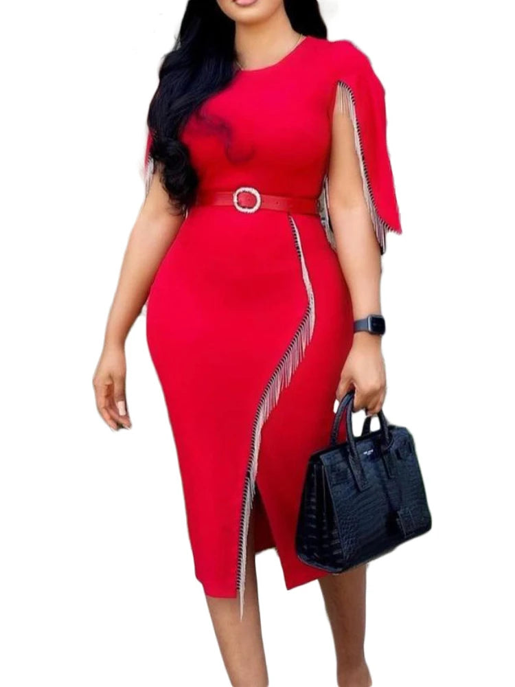 Women Red Dress Cloak Sleeves Tassels Bodycon Party Celebrate Sheath Female High Waist O Neck Event Elegant Classy Robes Summer