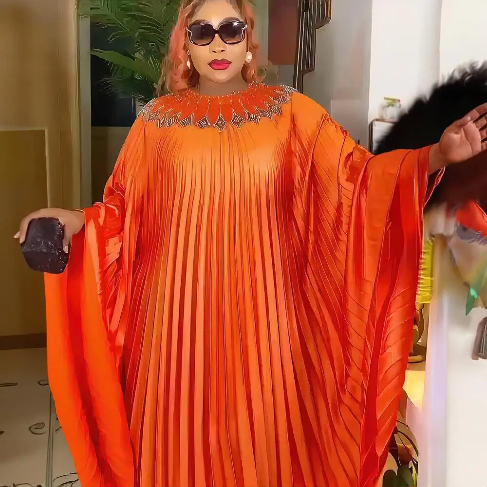 Maxy Women Pleated Diamonds Loose Maxy Evening Dress Djellaba Boubou Robe African Ankara Dashiki Dubai Turkey Abaya Kaftan Party Gown