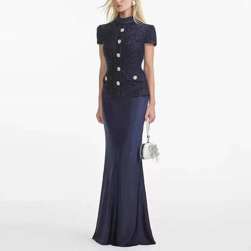 Maxy Formal Luxury Evening Dresses Women Summer Autumn Single Breasted Crystal Satin Tweed Long Dress Blue Party Dinner