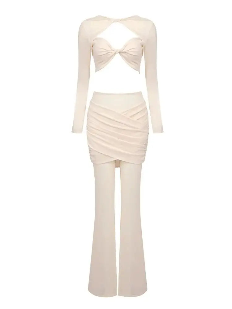 Maxy Summer New Women 2 Pieces Set Fashion Street Wear Long Sleeved Hollow Out Design Crop Top & Trousers Suit