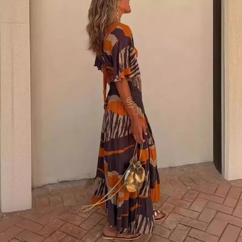 Maxy Boho Dress Women's Sexy Deep V-belt Top Set Skirt Pleated Slit Casual Beach Skirt Temperament Commuting Summer
