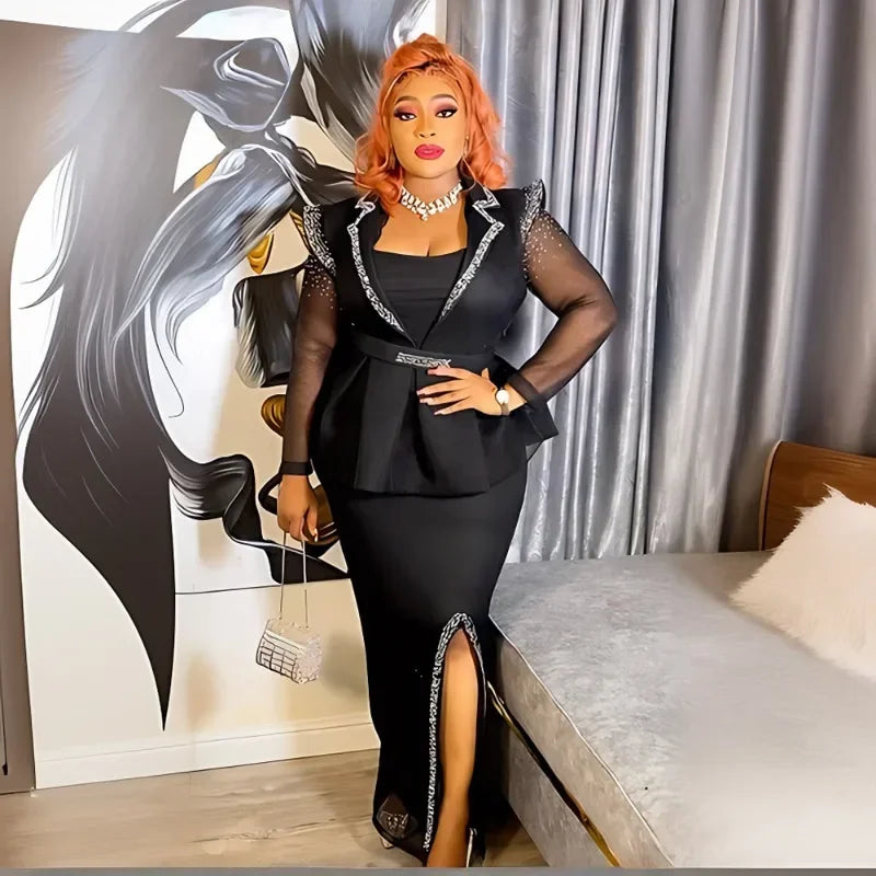 Maxy Luxury African Dress for Women Elegant Square Neck Diamond Full Sleeve Belt Waisted Side Split Floor Length Birthday Dress
