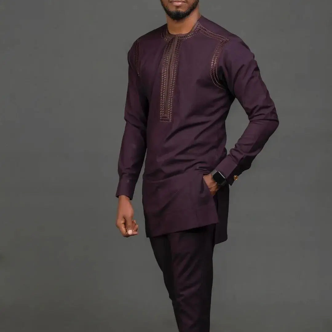 Maxy New African Traditional Men's Set Round Neck Long Sleeve Yellow Luxury Two Piece Dashiki Wedding Party Festival Men's Suit