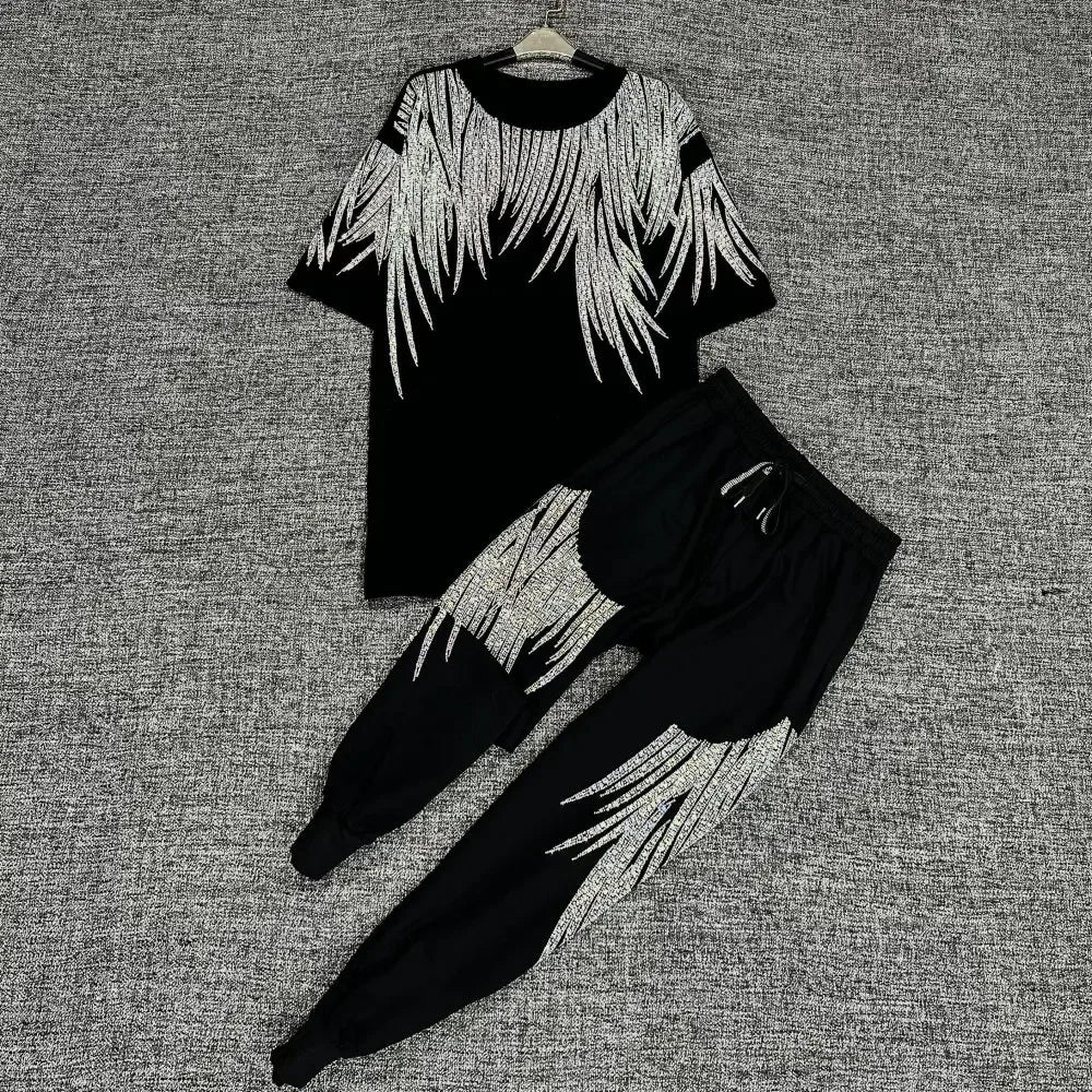 Maxy Fashion Two Piece Set with Diamond Graphic Black 2 Piece Sets Women's Outfits Summer Luxury Clothes Women Streetwear