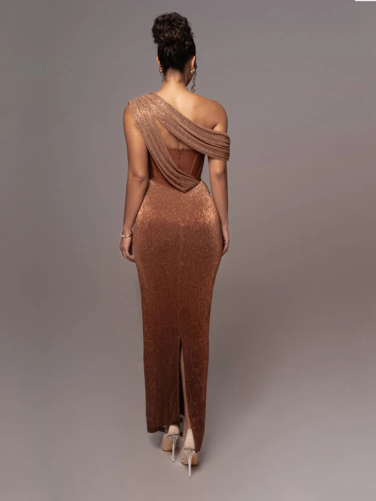 Maxy Sexy One Shoulder Draped Glitter Long Dress Women Brown Corset Sparkly Backless Bodycon Maxy Dresses Evening Party Gowns