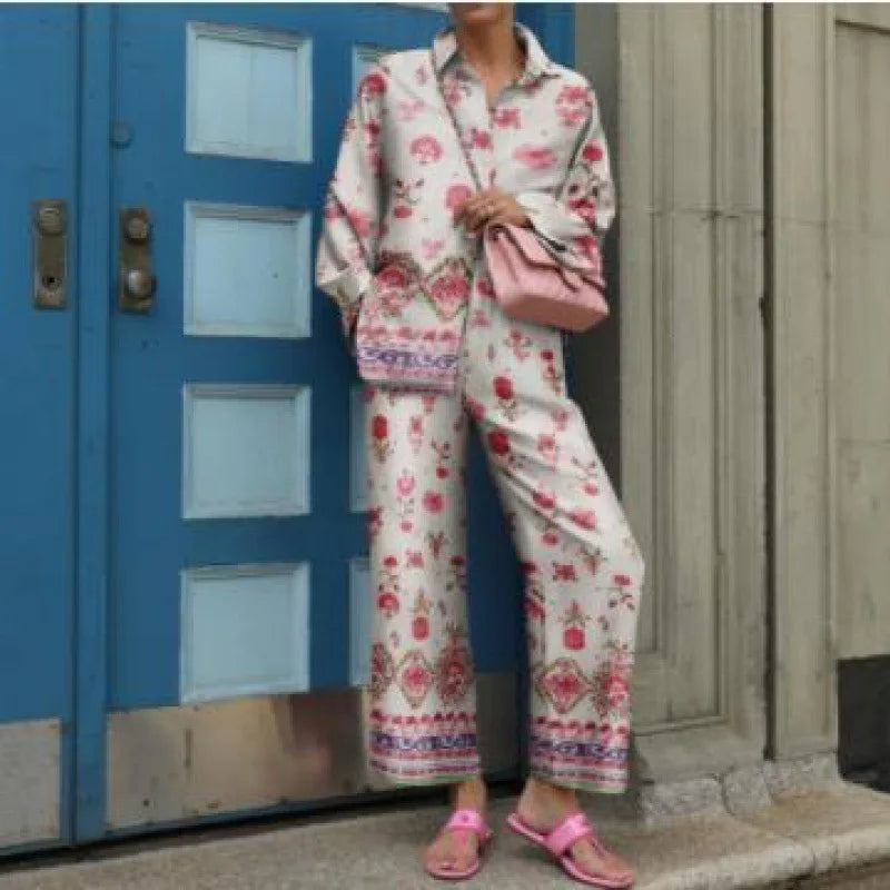 Maxy Autumn New Loose Vintage Printed Pant Sets Women Long Sleeve Shirts And Wide Legs Trousers Two Piece Set Fashion Streetwear