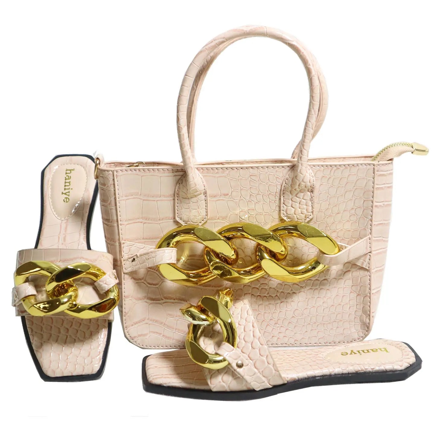 Maxy Big Metal Chain Decoration PU Handbags Matching Square Toe Flats Slippers Stone Pattern Shoes And Bag Set