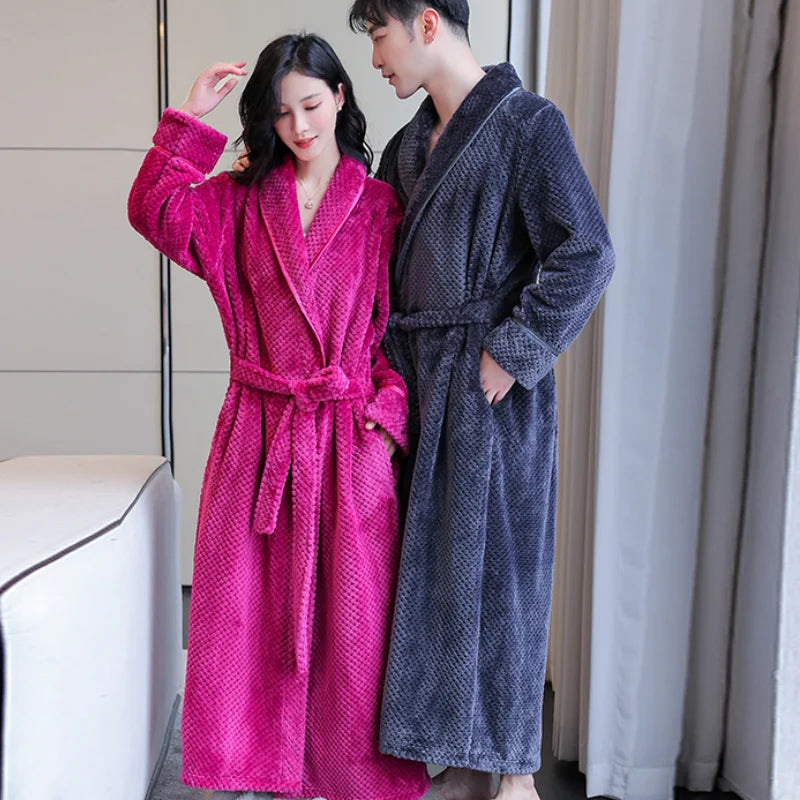 Maxy Autumn Winter Flannel Women Long Robe Nightgown Thicken Warm Bathrobe Sleepwear Loose Casual Coral Fleece Home Dress Lounge Wear