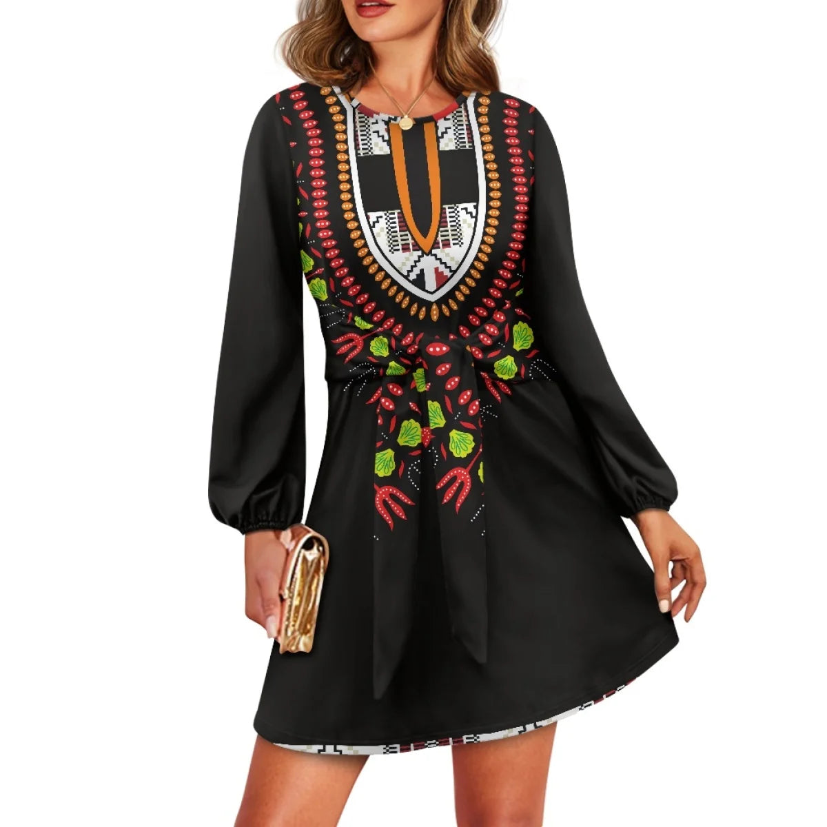 Maxy O neck women trumpet sleeve dress Polynesian tropical style women formal elegant evening dress
