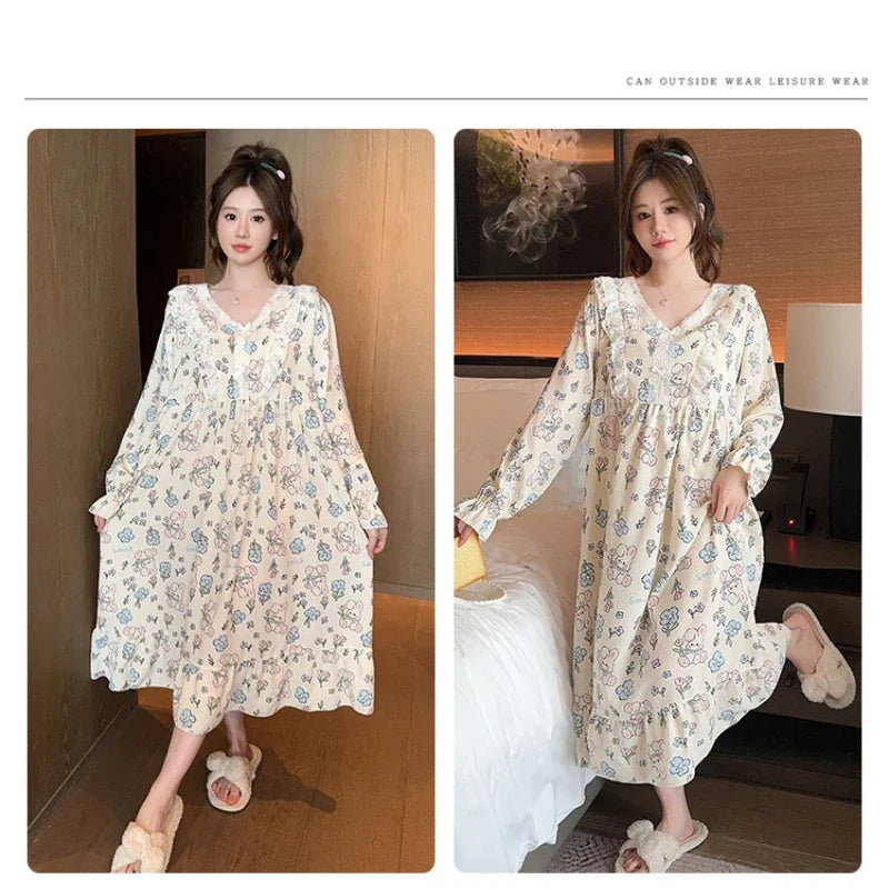 Maxy 150Kg Large Size Sweet Nightgown with Chest Pads Women Autumn Spring Long-sleeved Pajamas Loose Fattened Loungewear Sleep Dress