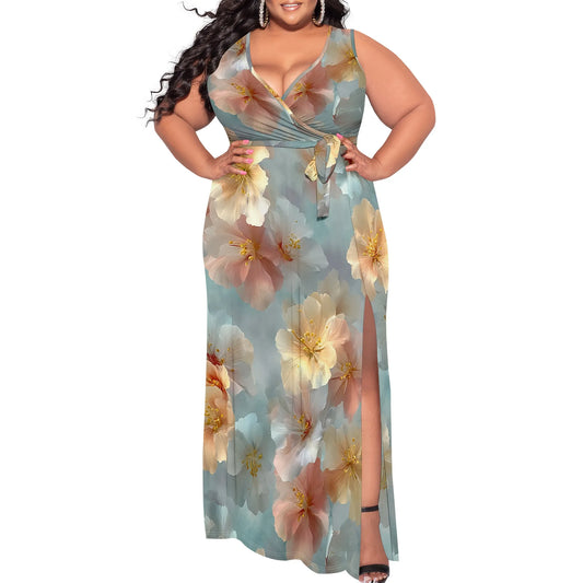 Maxy Elegant Floral Maxy Dress XL-6XL Women's Spring Plus Size V-Neck for Church or Garden Brunch