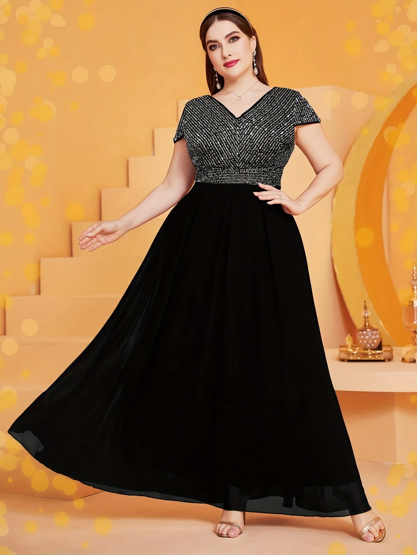 Women Plus Size Party Dresses 2024 New Fashion V-neck Short-sleeved Sequin Dress Fashion Temperament Elegant Evening Dresses