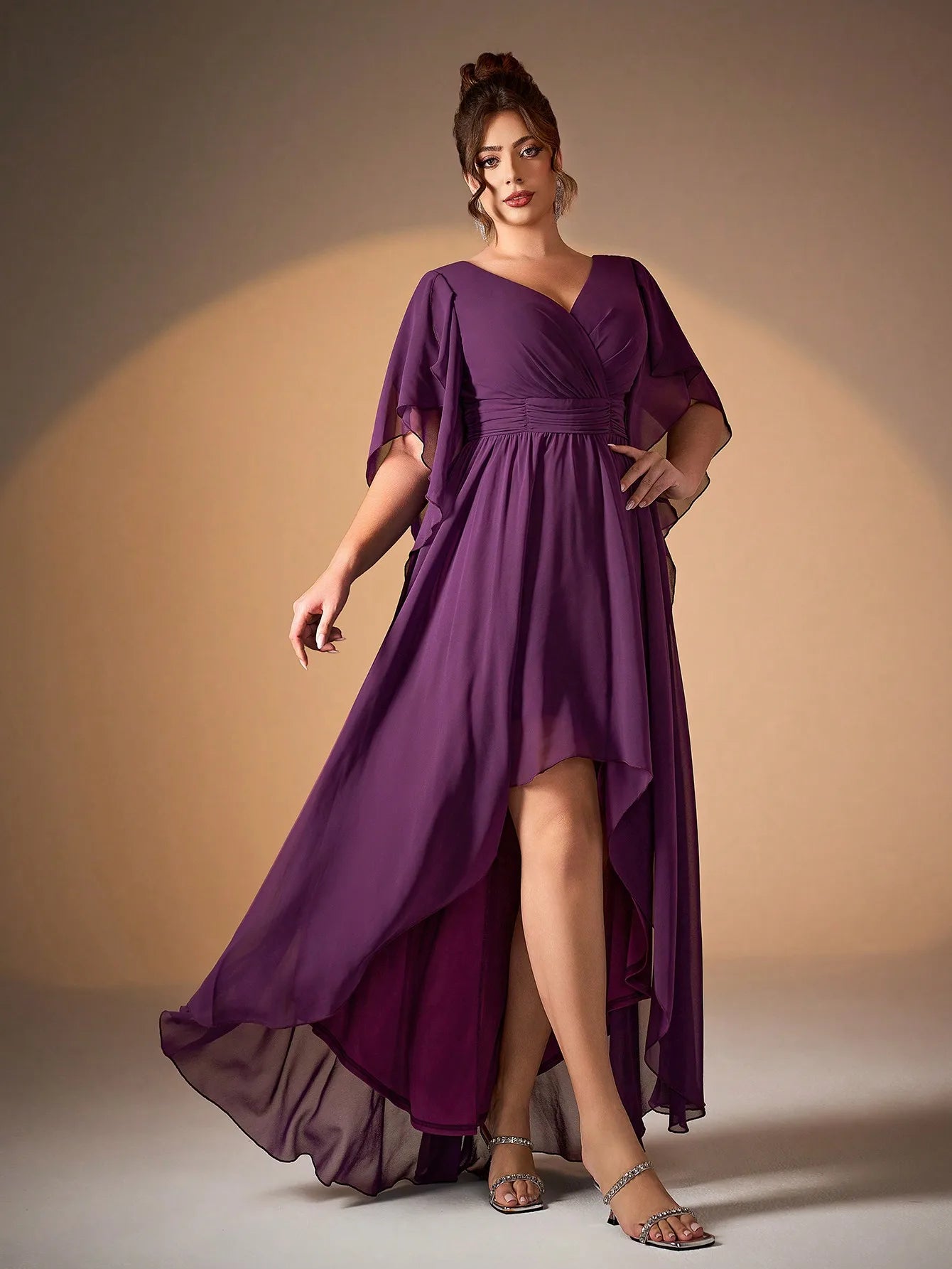 Maxy Miacid-neck pearl chiffon irregular sleeves with a shorter front and longer back hem high-end evening dress