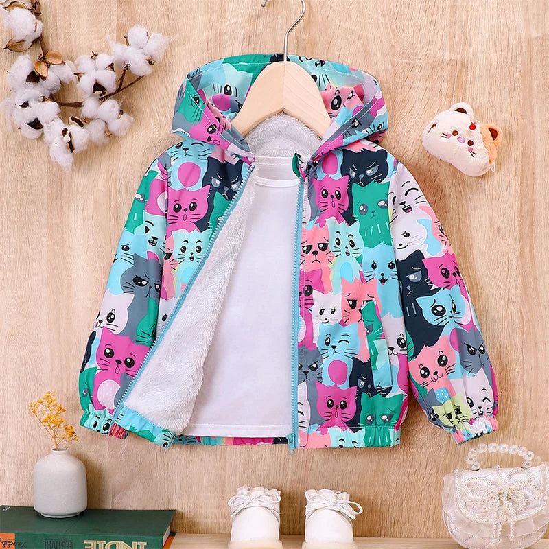 Maxy Autumn Jacket for Girls Coats Hooded Cat Pattern Baby Girls Clothes Outerwear Kid Sports Windproof Jacket Toddler Winter Clothes