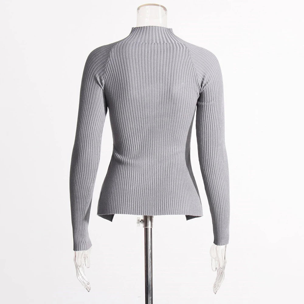 Amay Hollow Out Slimming Chic Sweaters For Women Stand Collar Long Sleeve Minimalist Knitting Pullover Sweater Female Fashion New