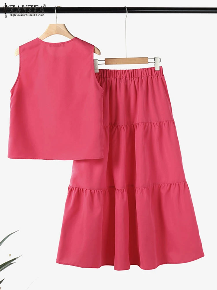 Maxy Fashion Tank Tops Outfits Women Solid Color Dress Sets Holiday Buttons Long Skirts Suit 2025 Summer Pleating Matching Set